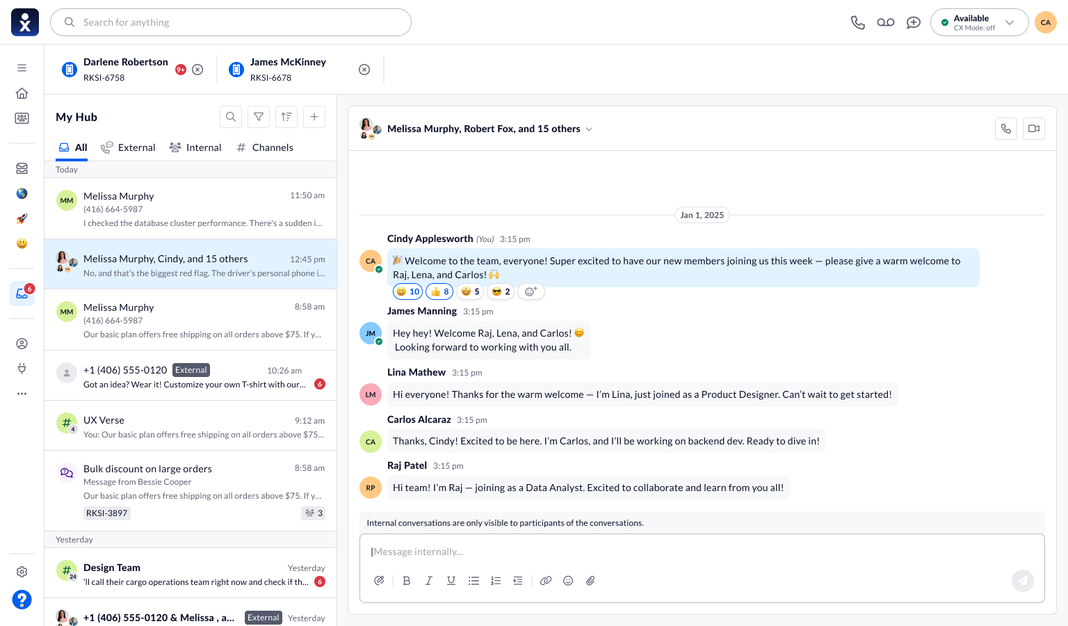 My Hub team conversation with message reactions