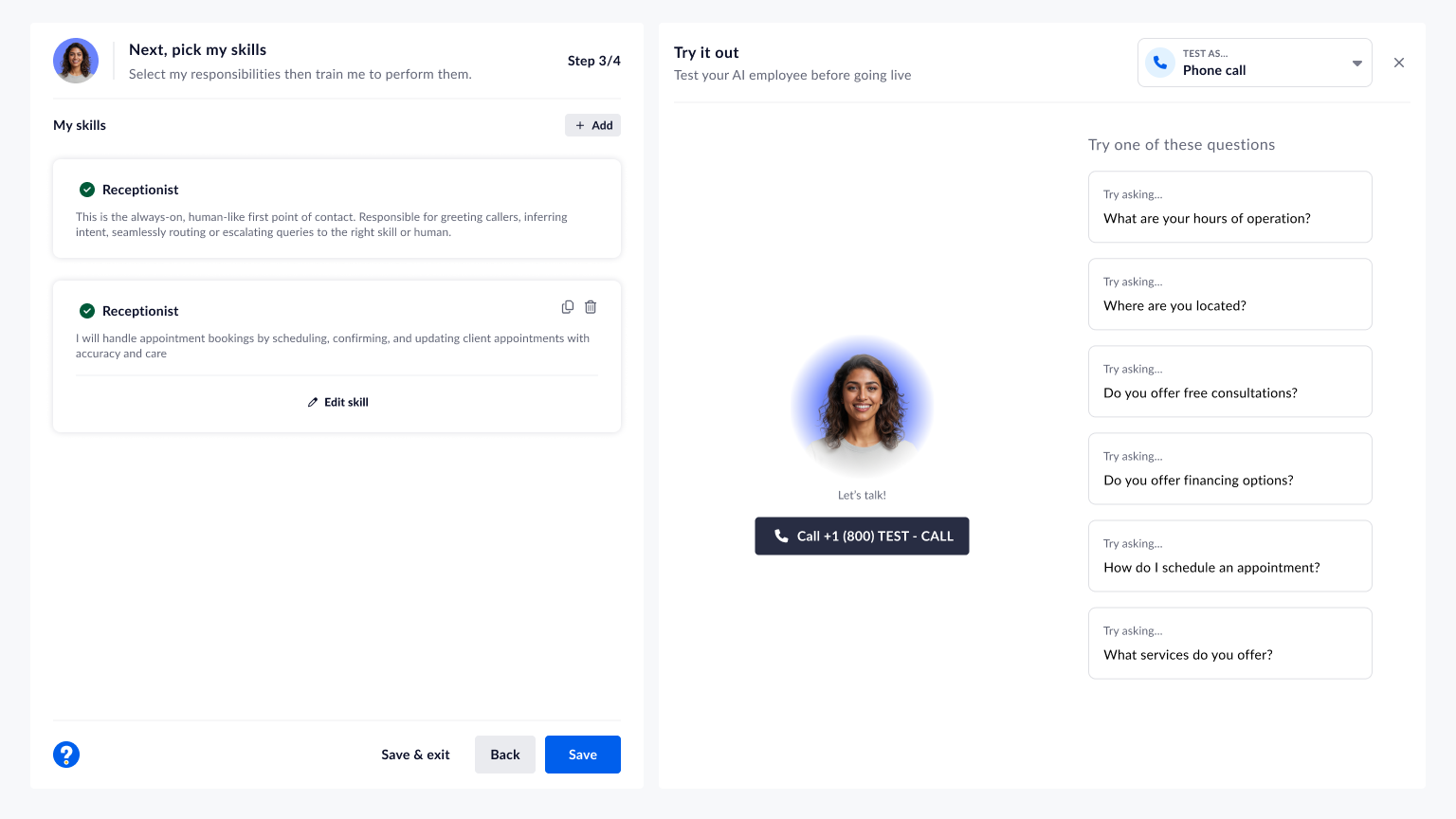 XBert product interface showing AI skill configuration and a phone-call test in the same workspace